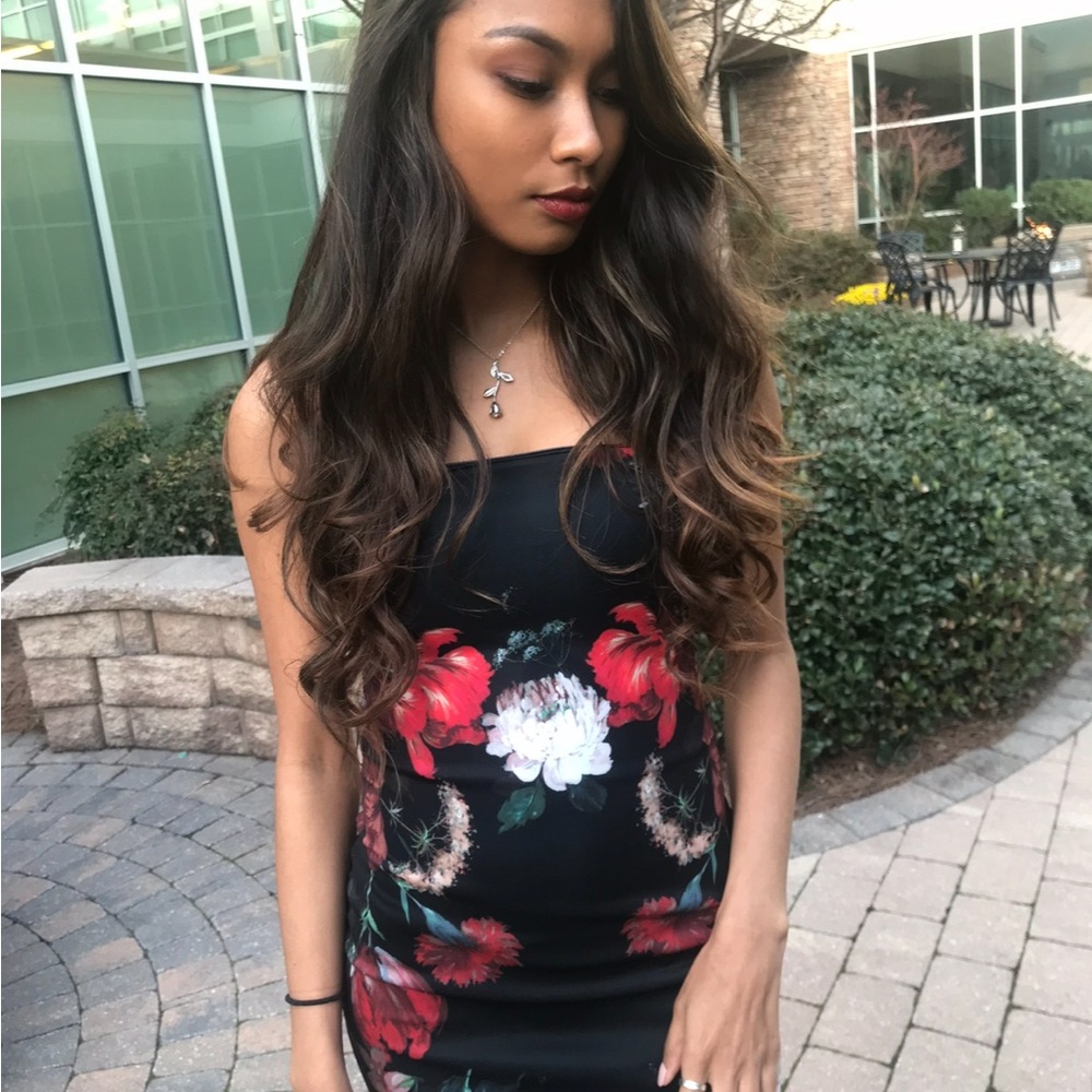 Express Black Dress with Red Floral Accents